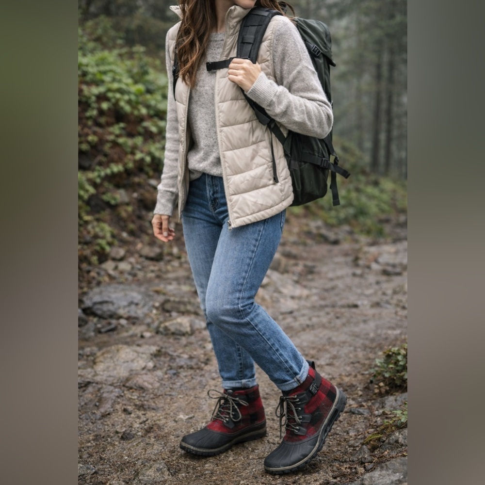 Sorel Out N About Waterproof Rain Boot Red Black Plaid NL2544-011 Womens Sz 7.5